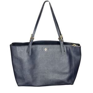 Tory Burch York Buckle Saffiano Leather Laptop Tote Bag Navy Blue Gold Hardware